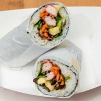 Byo Sushi Burrito · Build your own sushi burrito, 1 protein, 5 mix-ins, 1 sauce, 2 crunchy toppings.