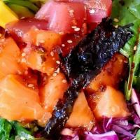 Poke Bowl Salad Large · 32 oz bowl, 2 protein, spring mix or romaine lettuce, 5 mix-ins, 1 sauce, 2 crunchy toppings