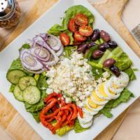 Mediterranean Salad · Popular item. Romaine, iceberg, tomatoes, onions, cucumbers, kalamata olives, roasted pepper...