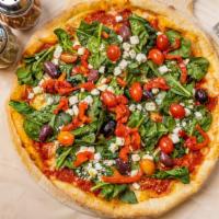Mediterranean Pizza · Red or white. Tomatoes, olives, spinach and feta cheese.