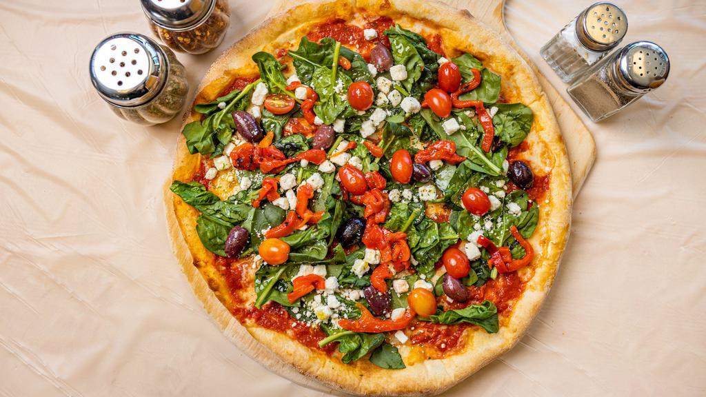 Mediterranean Pizza · Red or white. Tomatoes, olives, spinach and feta cheese.
