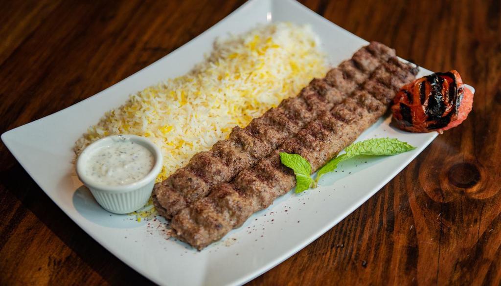 Koobideh · Our special ground beef skewers made with sumac and onions. Served with a rice and cucumber mint yogurt.