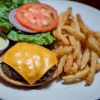 Library Burger · 8OZ burger seasoned with sumac and onion. Served with french fries.