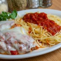 Chicken Parmigiana With Spaghetti · Breaded tenderloin topped with mozzarella cheese and marinara sauce.