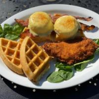 Chicken Waffle Benedict · Mouth watering fresh fried Chicken with hollandaise sauce over 2 poached eggs on top of Waff...