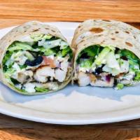Greek Chicken Wrap · Grilled Chicken Breast, Lettuce, Tomato, Red Onions, Olives, Feta Cheese and Greek Dressing