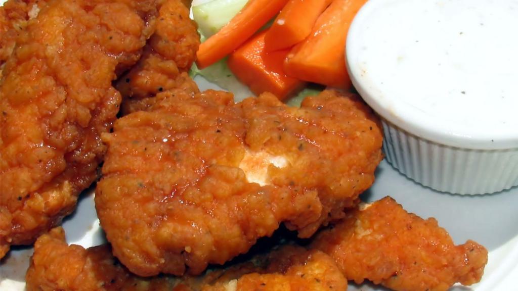 Buffalo Chicken Tenders · Crispy white chicken meat tenders and mixed with buffalo sauce.