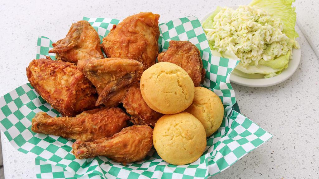 8 Piece Order · 8 pieces of pan fried chicken. 2 breaks, 2 legs, 2 thighs and 2 wings; served with a pint of coleslaw and 3 rolls.