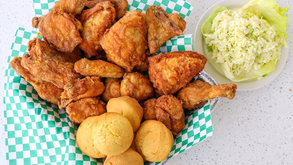 Banquet · Serves 20-25. 75 pieces of chicken (combination of breast, thigh, wishbone, leg, wing, and back). Family sized salad (two choices of dressing) family sized coleslaw, 10 corn muffins and 10 Hawaiian sweet rolls and honey.