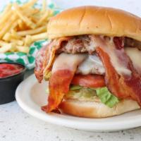 Double Jumbo Swiss Bacon · Customer favorite. Two 1/4 pound ground beef patties served with double the Swiss cheese dou...