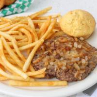 Burger Steak · Not a sandwich. 1/2 pound ground beef patty served with French fries, roll and your choice o...