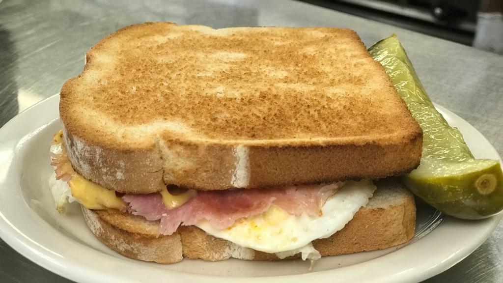 Ham & Egg · Ham served with a pickle wedge. Add Cheese for an additional charge.