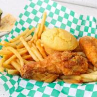 Junior 2 Piece Chicken (2 Legs) · Small chicken order 2 pieces.  Leg and a wing served with french fries and a roll.