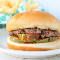 Burger · Small Kid's burger. Dressed with Ketchup, Mustard, Pickles and onion