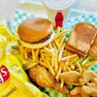 Kids Meal Basket · Choose from: Grilled Cheese, Chicken leg, Dino-Chicken Nuggets, Burger or Cheese Burger. Sel...