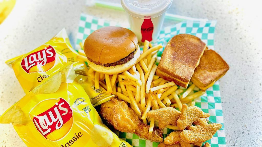 Kids Meal Basket · Choose from: Grilled Cheese, Chicken leg, Dino-Chicken Nuggets, Burger or Cheese Burger. Select French Fires or a large bag of potato chips and choose a beverage.