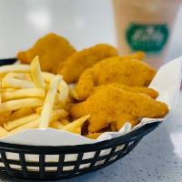 Dino-Chicken Nugget Box · 6 Dino-Chicken nuggets served with french fries and a small soda