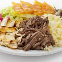 Combo Shawarma Plate · Marinated grilled thinly-sliced lamb and grilled chicken marinated in shawarma spices.