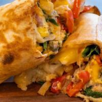 Breakfast Burrito (No Substitutions) · sausage / spinach / onions / peppers / eggs / smoked aioli / cheese mix
