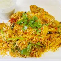 Chicken Hyderabadi Biryani Halal , Gluten Free , Contains Dairy · Spiced pieces of chicken slow cooked with long grain basmati rice flavored with exotic spice...