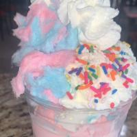 Cotton Candy Sundae · Cotton Candy Ice Cream with Cotton Candy Pieces, Whip Cream, Rainbow Sprinkles, and a Cherry!