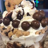 Cookie Dough Sundae · Cookie Dough Ice Cream, Hot Fudge, Whip Cream, Cookie Dough Pieces, and Cookie Dough Bites