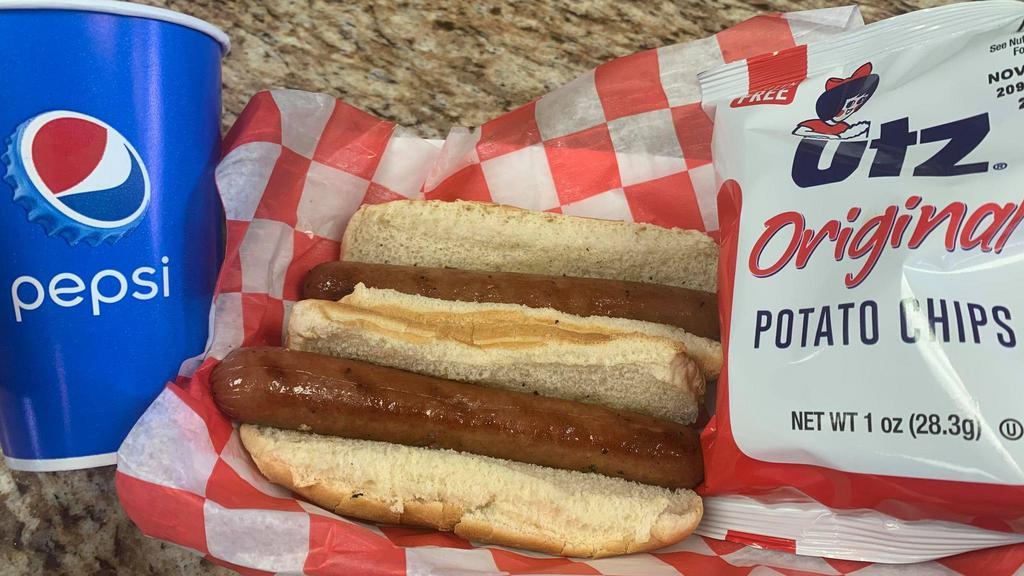 #2 | 2 Hot Dogs, Chip & Drink · 2 Hot Dogs, Bag Of Potato Chips, & Drink (Nathan's All Beef Hot Dog)