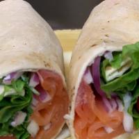 Veggie Wrap · Spinach, tomato, roasted red peppers, cucumbers, red onion, veggie cream cheese on a whole w...