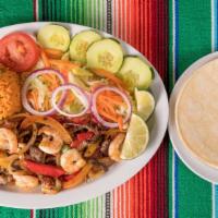 Fajitas De Mexico · Grilled bell pepper, onion, tomato, choice of chicken, steak, or shrimp. Comes with a side o...