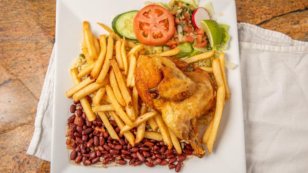 Pollo Frito · Fried 1/2 chicken with rice, beans, salad and tortillas.