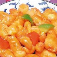 L#Sweet & Sour Chicken · Served with fried rice or white rice and free can soda.