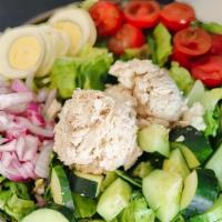 Tuna Salad · romaine lettuce, cucumber, tomato, onion, hard boiled egg & house dressing