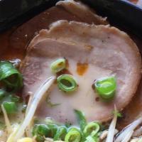 Tonkotsu Black Red Straight Noodle · Black and spicy oil, spicy paste, pork chashu, egg, green onion and bean sprouts.