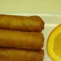 Siam Rolls · Crispy spring rolls stuffed with ground chicken and vegetable served with spicy white turnip...