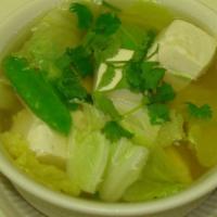 Tofu Vegetable Soup · Fresh soft tofu with mixed vegetables in mild clear soup.