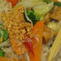 Pad Thai With Vegetables · The most famous Thai noodle dish, fried with assorted vegetables, ground peanuts, egg, bean ...