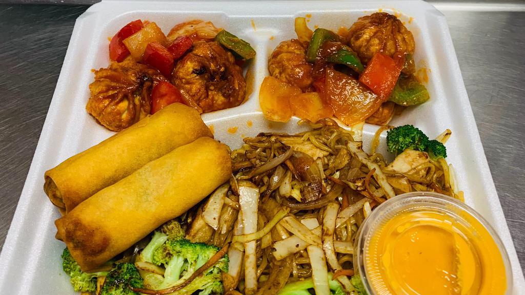 Chilli Plate · 6pcs Chili Chicken Dumplings with Onions and Peppers, 2pcs Veggie Spring Roll and Pan Sauted yakisoba Noodles with chicken and veggies.