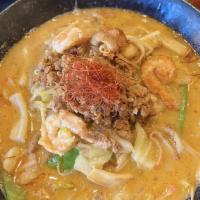Kara-Goma Champon · Spicy Sesame flavored broth with Champon noodles, stir-fried mixed vegetables, seafood and g...