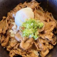 Yakiniku Don · Rice bowl with sweet soy seasoned pork and onsen egg.