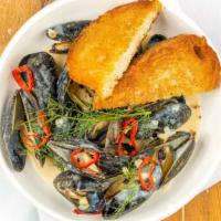 Blue Bay Mussels  · Kim Chee Broth, Scallion, Cilantro