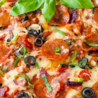 Supreme Pizza · Pepperoni, ground beef or chicken, onion, black olives, fresh sliced tomatoes, green pepper,...