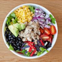 Southwest · Mesclun Mix, Tomatoes, Corn, Black Beans, Red Onions, Tortilla Strips, Avocado, and Chicken,...