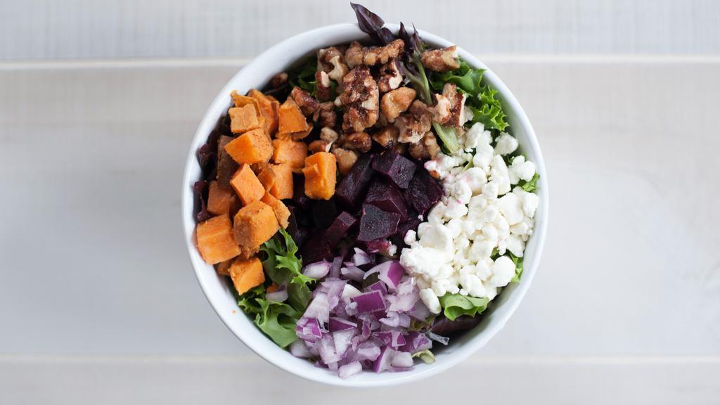 Sweet Beet · Mesclun Mix, Roasted Beets, Red Onions, Goat Cheese, Sweet Potatoes, Candied Walnuts, mixed with Homemade Balsamic Vinaigrette