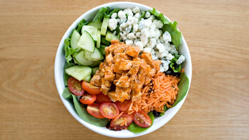 Buffalo · Romaine Lettuce, Tomatoes, Carrots, Cucumbers, Crumbled Blue Cheese, and Buffalo Chicken, mixed with Blue Cheese Dressing