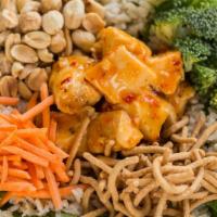 Chinese Chicken · Warm Brown Rice and Spinach, Broccoli, Carrots, Peanuts, Chow Mein Noodles, and Sweet Chili ...