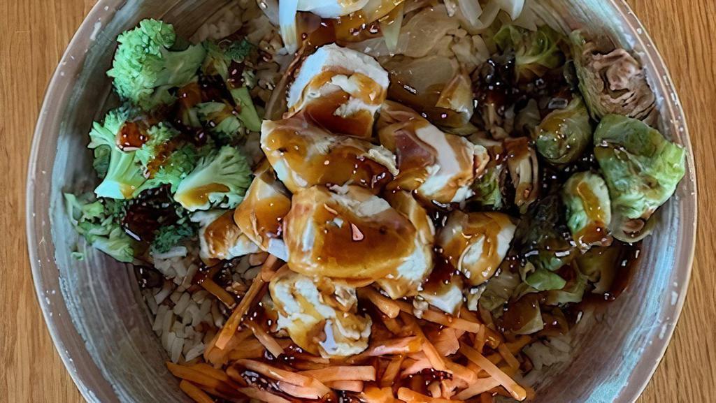 Teriyaki Bowl · Warm Brown Rice, Roasted Brussel Sprouts, Roasted Onions, Carrots, Broccoli, and Teriyaki Chicken, mixed with Teriyaki Sauce