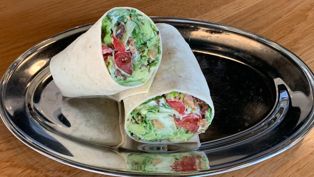 Avocado Blt Wrap · Romaine Lettuce, Tomatoes, Bacon, and Avocado, mixed with Mayo on a White Wrap
