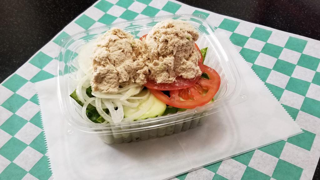 Albacore Tuna Salad · Romaine lettuce, tomatoes, onions, cucumbers, and green peppers topped with albacore tuna salad.