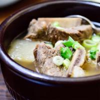 Galbi Tang · Beef short rib soup with clear noodles.
