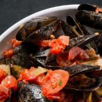 Sicilian Mussels · Tomatoes, olives, cherry peppers, red onion, celery, garlic, fresh herbs.